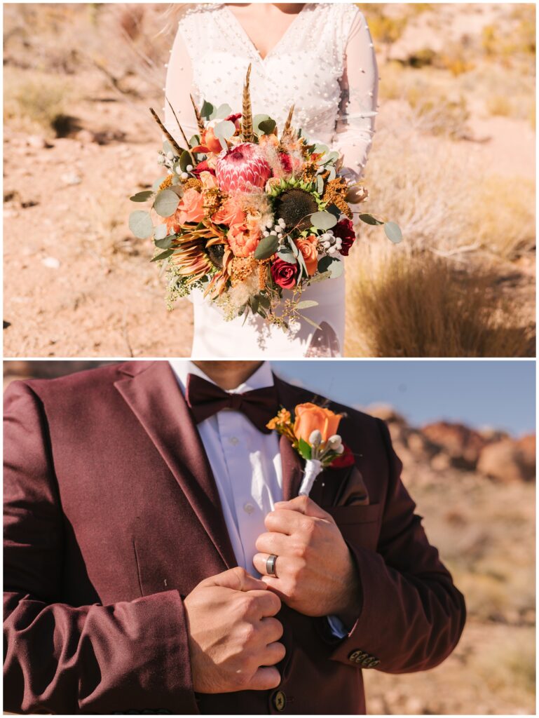red rock canyon fall elopement bouquet and boutonniere