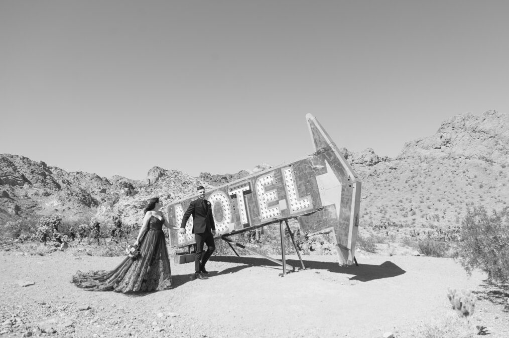 las vegas desert ghost town elopement with bride has black wedding dress