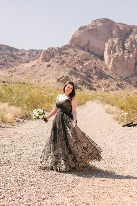 elopement bride with black wedding dress at nelson ghost town