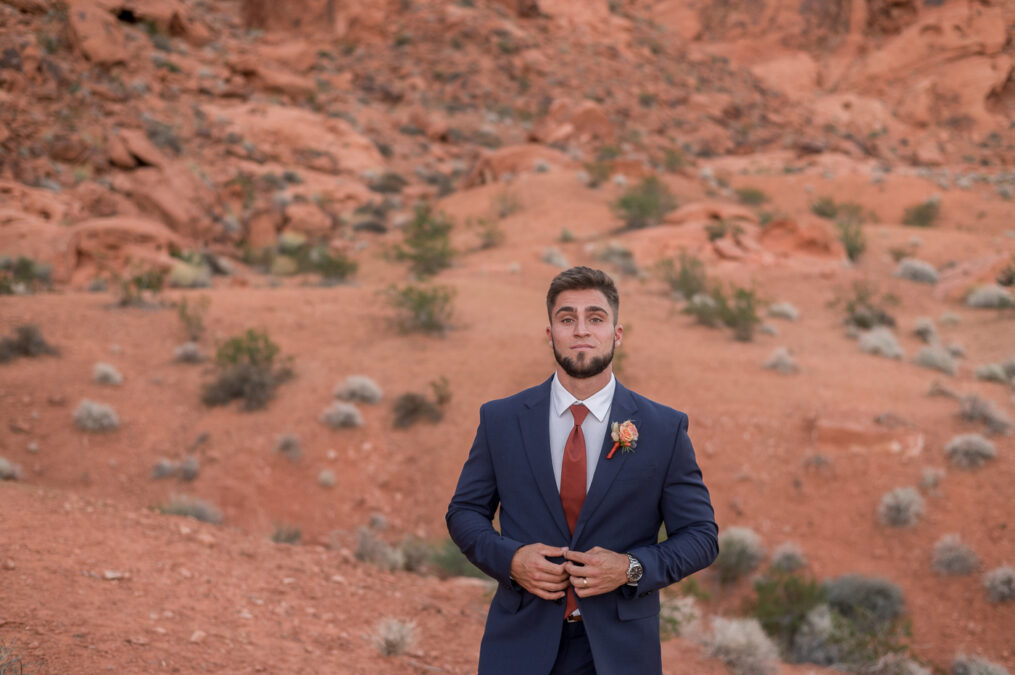 handsome groom with beard posing after valley of fire wedding