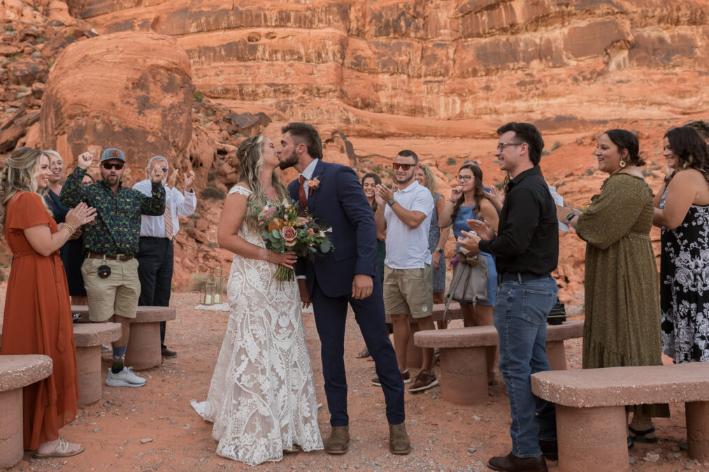 Bride and groom walking down the aisle at valley of fire wedding