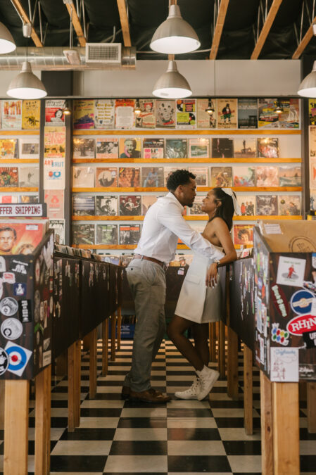 bride and groom inside record store downtown las vegas