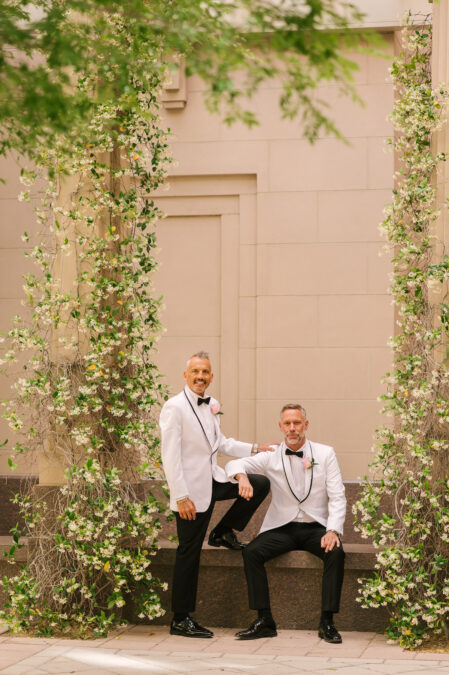 downtown las vegas grooms in white suites