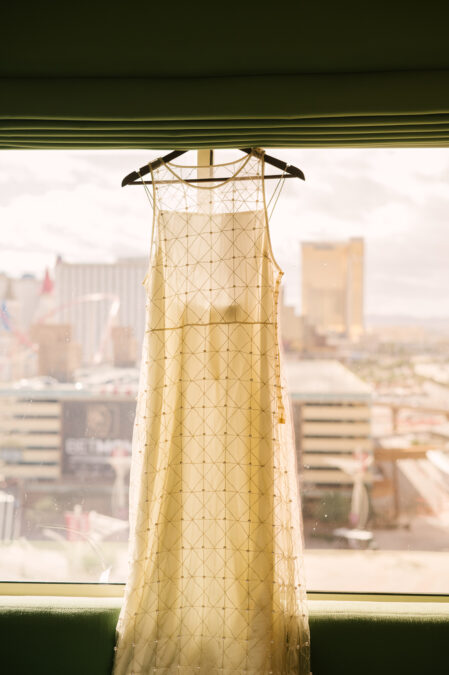 bride's dress hanging from her park mgm hotel window 