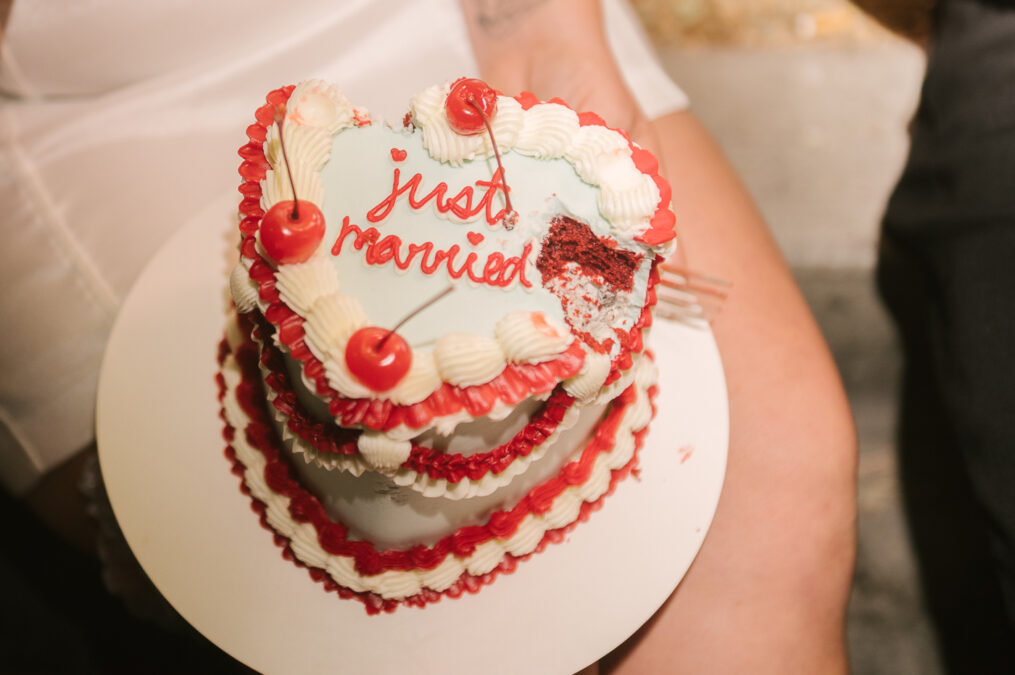 vintage blue and red just married elopement cake with cherries