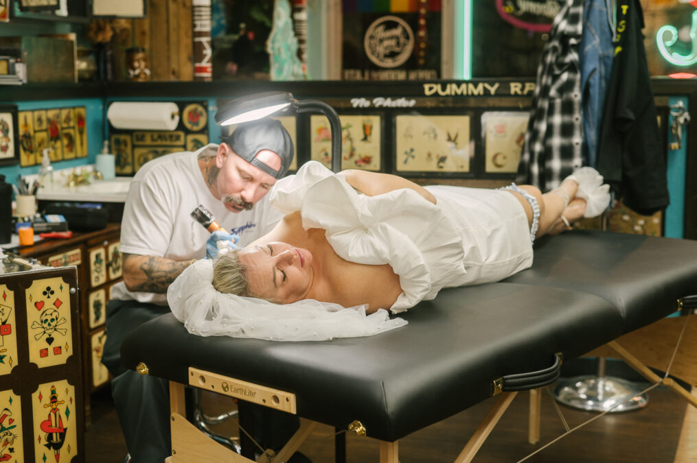 las vegas bride and groom getting wedding day tattoos