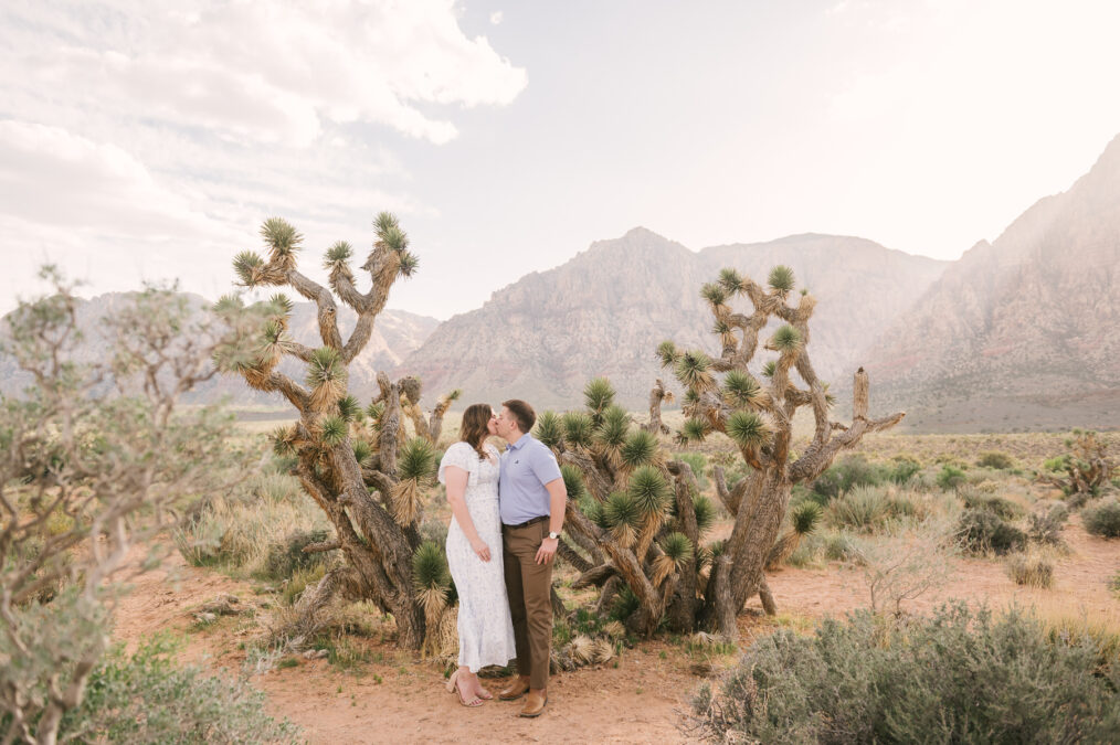 engagement photo session in red rock canyon with couple kissing in front of joshua tree