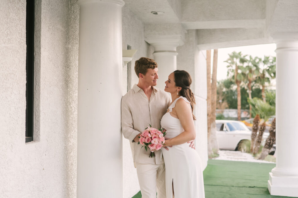 little white wedding chapel bride and groom romantic photo